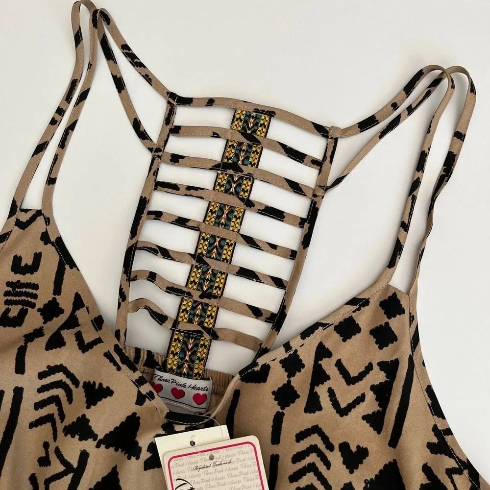 Three Pink Hearts Moroccan Spice‎ Dress, Tan Beige Geometric Dress, Strappy X13